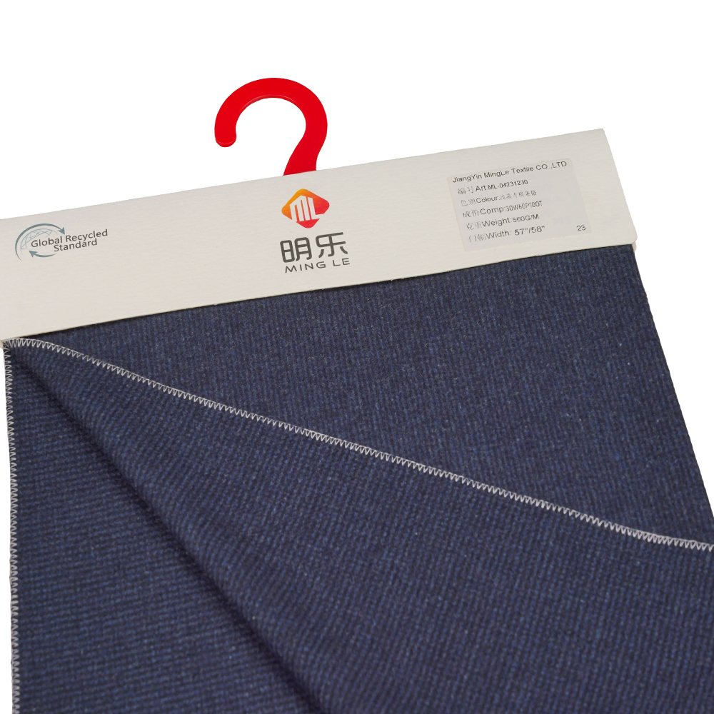 울 30%, 폴리에스터 60%, 기타 섬유 10%, 560G/M, Benzhiqing + Blue Green, 가로 줄무늬 트위드 원단, ML-04231230